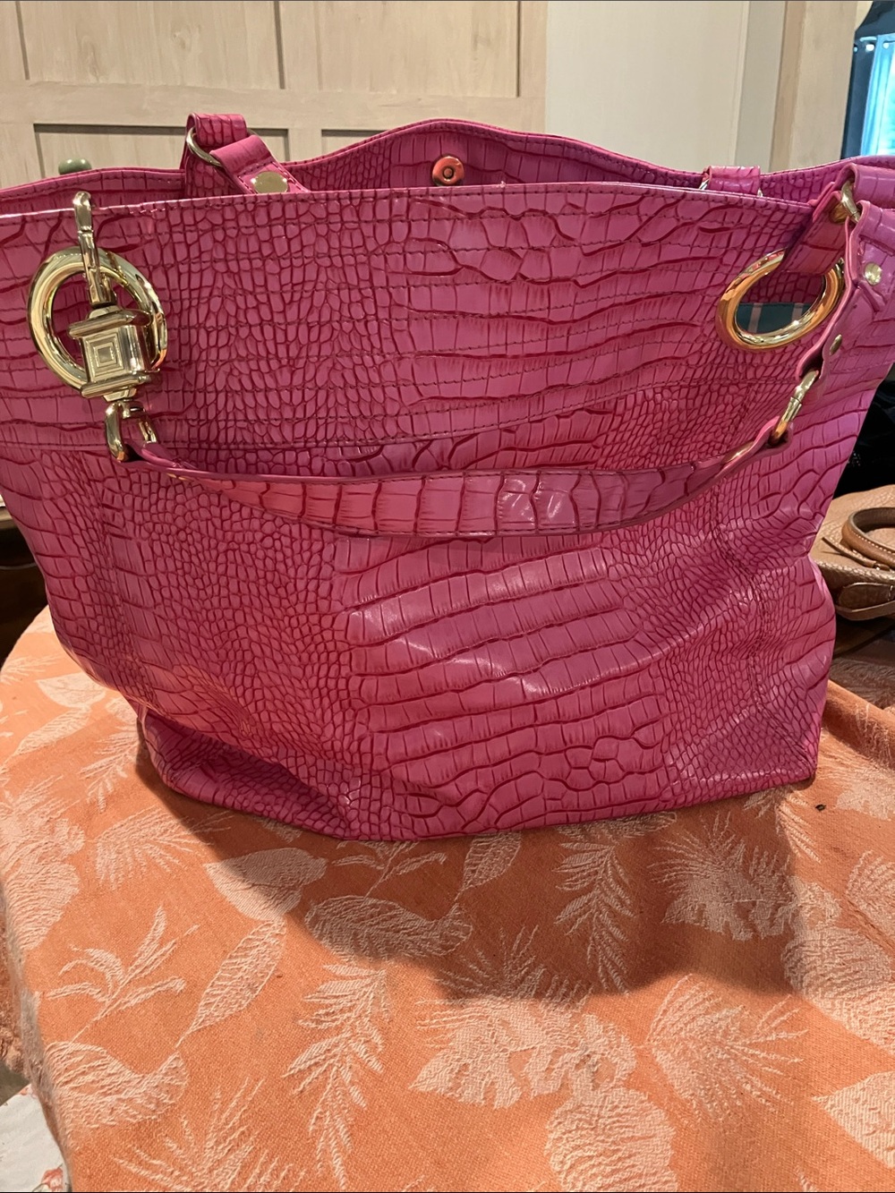 Steven by Steve Madden Fuchsia Croc-Embossed Tote with Gold Hardware